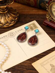 Pendientes de botón con flor de resina rojo-marrón estilo bohemio, pendientes de gota de turquesa verde en capas - Multicolor - Ver 8