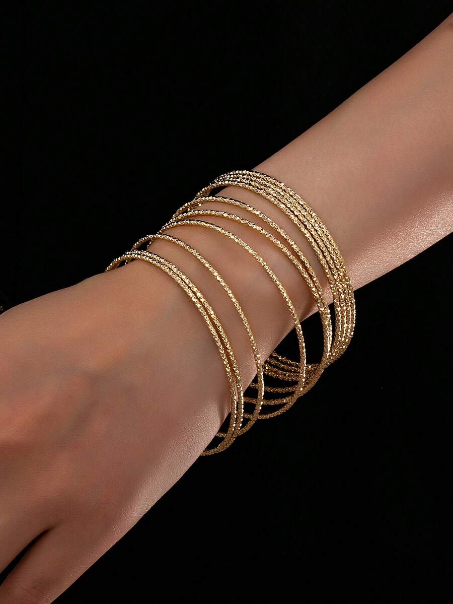 10pcs Set European And American Stylish Exaggerated Chic Geometric Round Hammered Texture Bangle Bracelet Set, Suitable For Daily Wear, Party, Gift - Yellow Gold - View 1