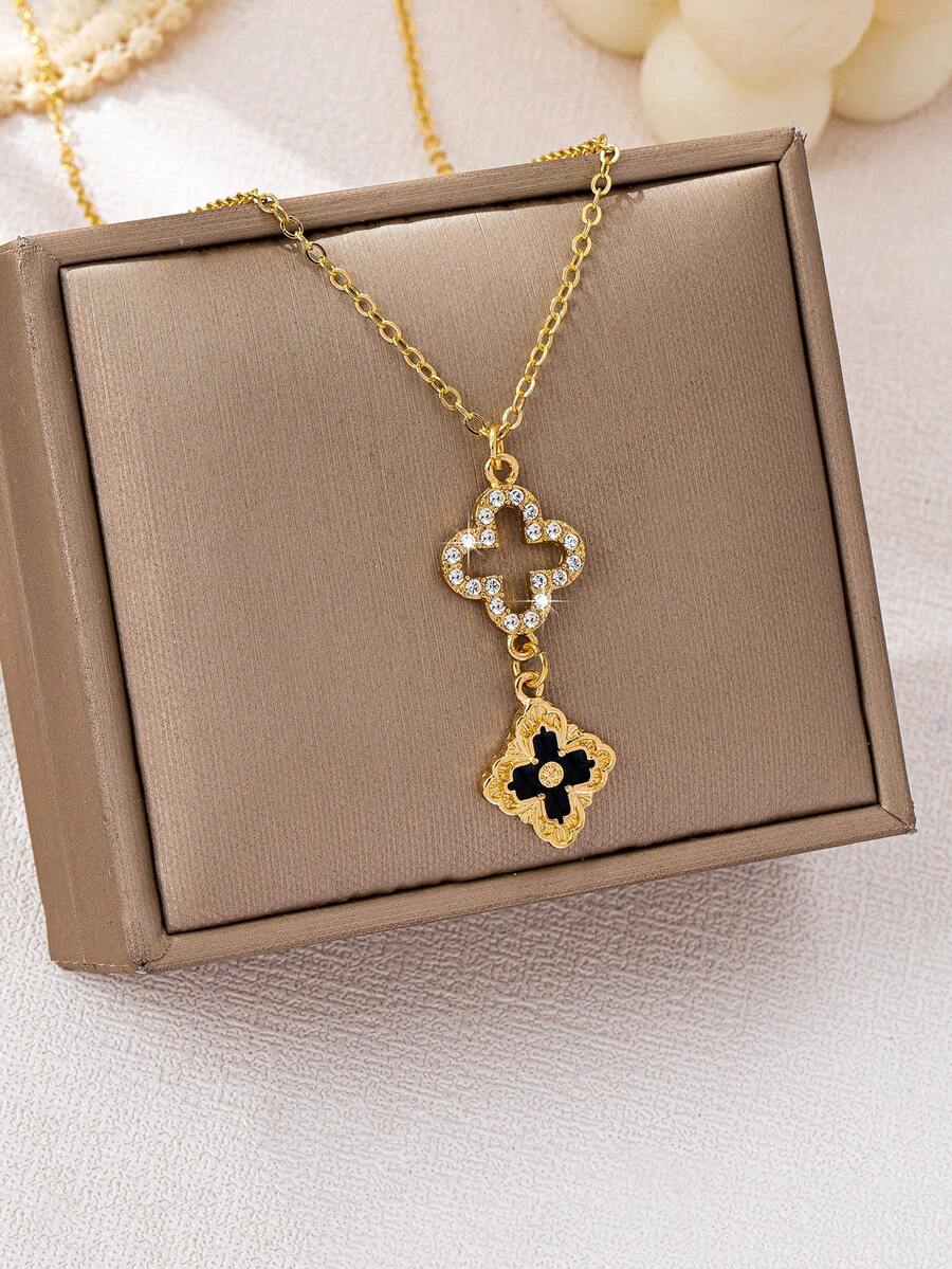 1件装 时尚简约精致钻石镶嵌镂空四叶草造型项链（女士款） - 彩色 - 查看 1