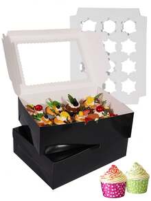 8/4/3pcs/1pc Cupcake Boxes With Window, 12-Cup Cake Boxes, Large Cake Boxes, Suitable For Birthday, Wedding, Valentine's Day Gift Packaging - Black - View 13