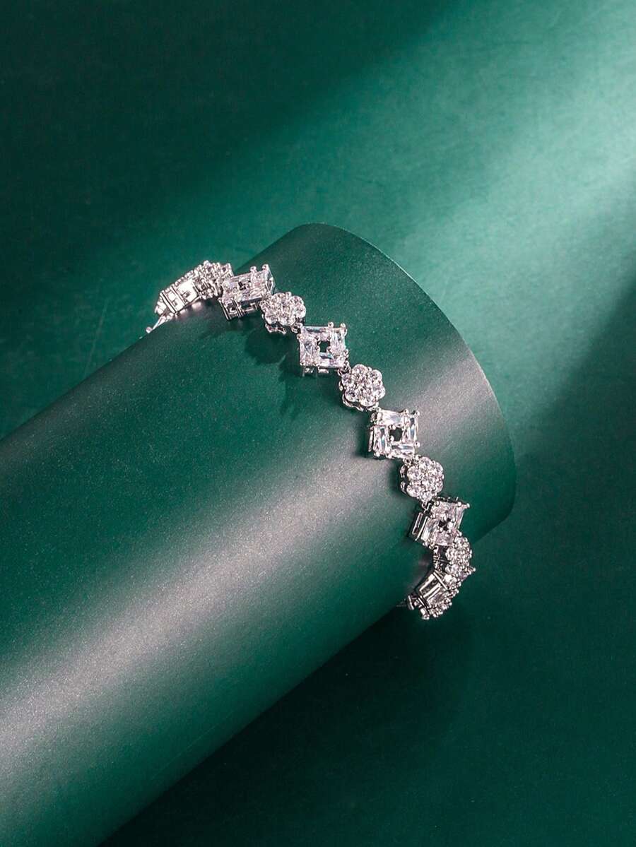 Tylionnejewelry 1pc Luxury White Gold Plated Zirconia Bracelet, Elegant Jewelry, Graceful Gift For Women, Wedding, Holiday Party, Anniversary, Date - Silver - View 1