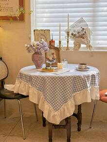 1pc Blue Plaid Tablecloth With French Ruffle Lace Trim, Suitable For Dining Table, Coffee Table, Bedside Cabinet Dust Cover - Multicolor - View 7