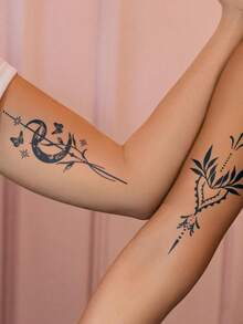 2pcs Herbal Juice Semi-Permanent Magical Tattoos, Minimalist Tattoos, Elegant Mysterious Star, Moon, Branch, Leaf, Heart, Butterfly Symbols, Party/Holiday Gifts, 7-14 Days Waterproof Non-Reflective Arm, Back, Shoulder, Neck, Collarbone Body Tattoo Stickers - Blue - View 2