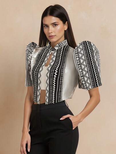 1pc Emilie Lively Modern Philippine Blouse, Butterfly Sleeve Philippine Blouse, Women Embroidered Patchwork Puff Sleeve Top