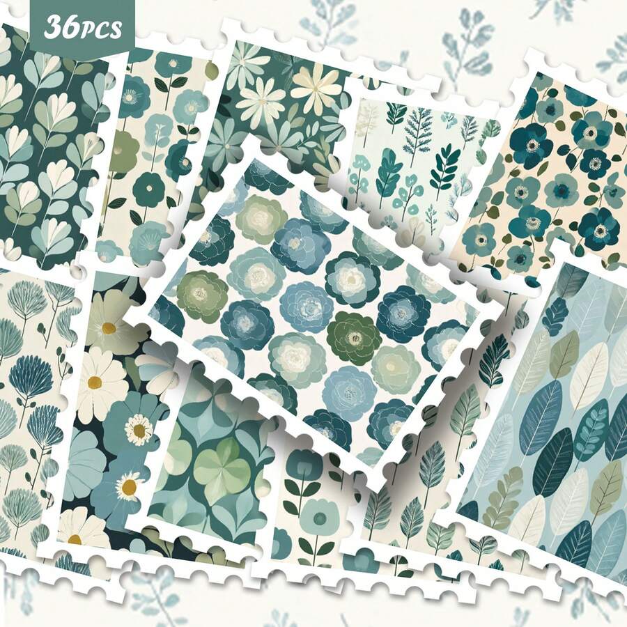 36pcs Forest Style Plant Pattern Art Sticker Pack | Dynamic Vinyl Stickers With Dreamy Leaf And Floral Design | Suitable For Laptop, Decoration And Gifts | Perfect For Art Lovers And Atmosphere Enthusiasts - Rectangle - View 1