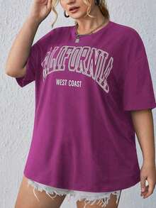 Plus Letter Graphic Drop Shoulder Tee California Plus Size-Shirt PurpleUnisex Casual-ShirtsCasual Short-Sleeve-Shirts Men And Women - 玫紅色 - 查看 5