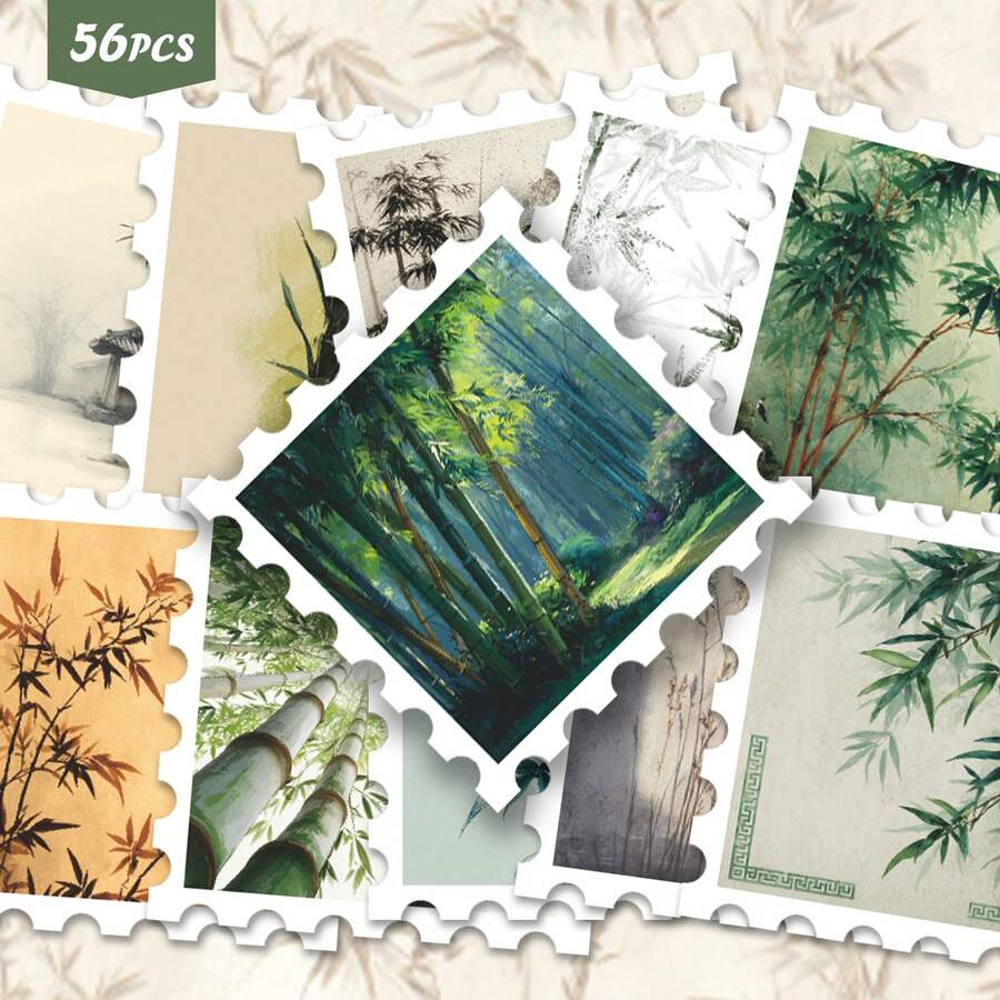 56pcs Artistic Chinese Style Bamboo Scene Stickers Pack | Stylish Vinyl Decals With Traditional Bamboo & Scenery Graphics | For Phone, Luggage & Decor | For Fans & Cultural Vibe Enthusiasts Funny Stickers Kindle Scrapbook Supplies Laptop Sticker