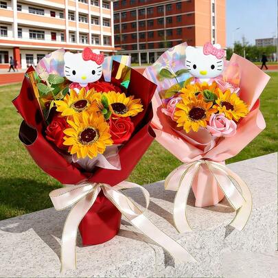 SANRIO 向日葵花束，卡通可爱玫瑰向日葵花束，人造向日葵玫瑰花束，家居户外装饰花卉摆件，母亲节礼物，教师节礼物，毕业季送朋友的礼物