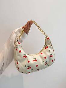 Túi xách tay thời trang mới mùa Xuân/Hè với quai xích kim loại, họa tiết quả anh đào, phối màu độc đáo, kiểu dáng hình lưỡi liềm dành cho nữ. - Màu be - Xem 2