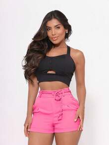 Women's Tailored Shorts Made Of Lightweight, Reinforced Fabric With A Folded Hem And Body-Shaping Belt. - 淺粉色 - 查看 3