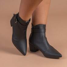 Women's Social Boot Thin Toe Medium Heel Short Medium Buckle Comfortable Fashion Blogger - 黑色 - 查看 2