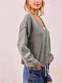 Women's Casual Cardigan Chic Button Front V Neck Sage Green Long Sleeve Ribbed Trim Lightweight Everyday Layering Piece - Ô LIU VINTAGE - Xem 3