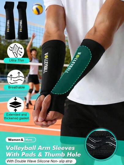 1 双特大号排球护臂，带护垫和拇指孔，适合排球运动，男女通用，黑色