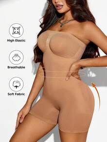 Plus Size Women Shapewear Strapless Bodysuit With Shorts - Brown - View 3