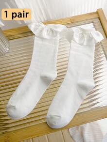 1 Pair Women's Knee-High Socks, Black & White Lace Trim Slimming Leg Socks For Spring/Summer, Versatile Wear With Skirts - Multicolor - View 16