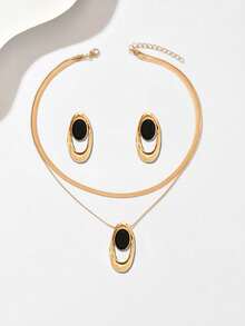 3pcs Elegant Creative Necklace + Earrings Jewelry Set, Fashionable Personalized Metal Geometric Asymmetrical Oval Pendant Necklace With Acrylic Bicolor Design, Versatile For Daily, Festival, Party - Double G - View 4