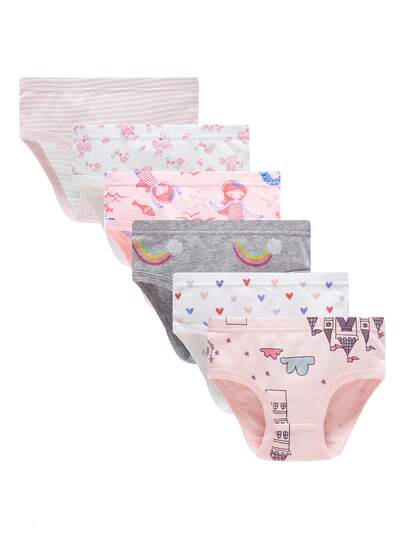 paquete de 6 bragas de algodón para niñas con estampados de perros, unicornios, flamencos y patrones variados con forma de corazón (orientación aleatoria)