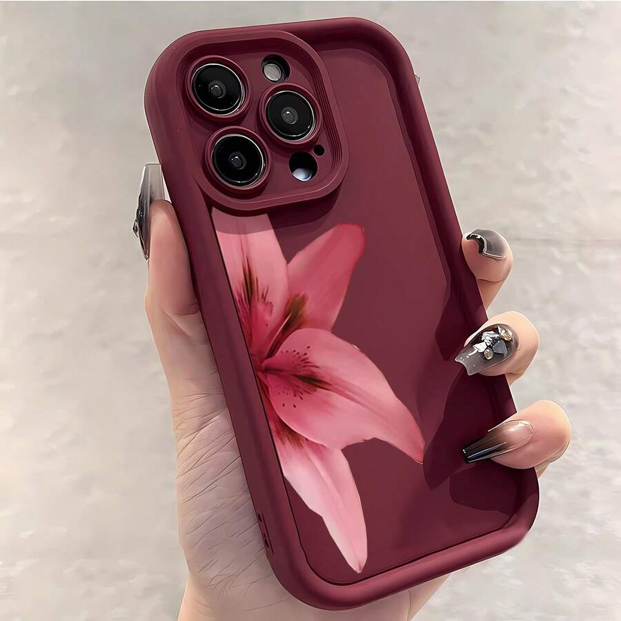 1pc Minimalist Chic Large Fuchsia Flower Design, Fashionable Elegant Soft Phone Case With Matte Black Lens Frame And Stepped Protection, Compatible With Apple/Note/Honor/,International Version, Not The Domestic Version