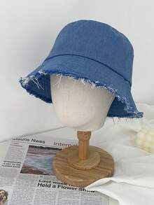 1顶新款男女通用防晒牛仔帽，带毛边装饰 - 渔夫帽 - 防晒帽 - 复古成人帽 - 水洗做旧 - 短帽檐 - 淺藍色 - 查看 6