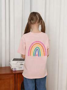 Young Girl Casual Funny Print Round Neck Short Sleeve T-Shirt, Summer Top - Pink - View 2