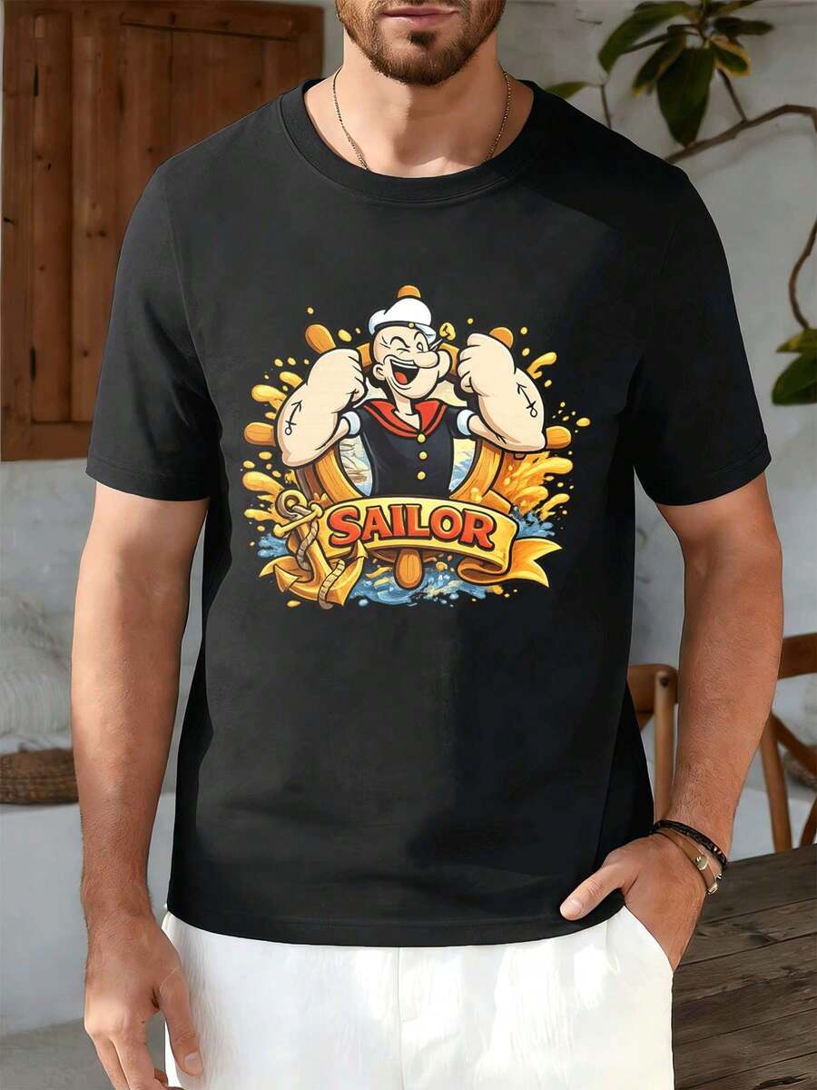 Maglietta nera con grafica da marinaio, tessuto di qualità, vestibilità comoda, casual, stampa artistica - nero - Visualizzare 1