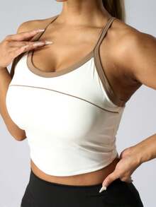Women's Colorblock Sports Camisole, Built-In Padded Bra, Racerback Design, Supportive Yoga Workout Top Suitable For Fitness, Running - Creamy White - View 5