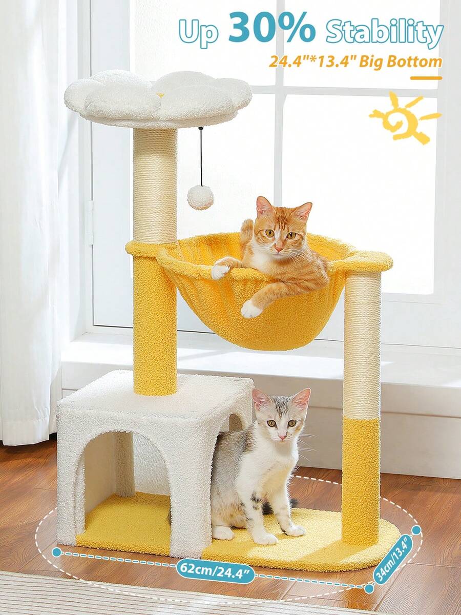 PAWZ Road 35" Flower Cat Tree With Large Metal Frame Hammock, Cute Cat Tower With Sisal Scratching Posts For Small Indoor Cats, Cat Condo With Pink Top Perch-Yellow - 黃色 - 查看 1