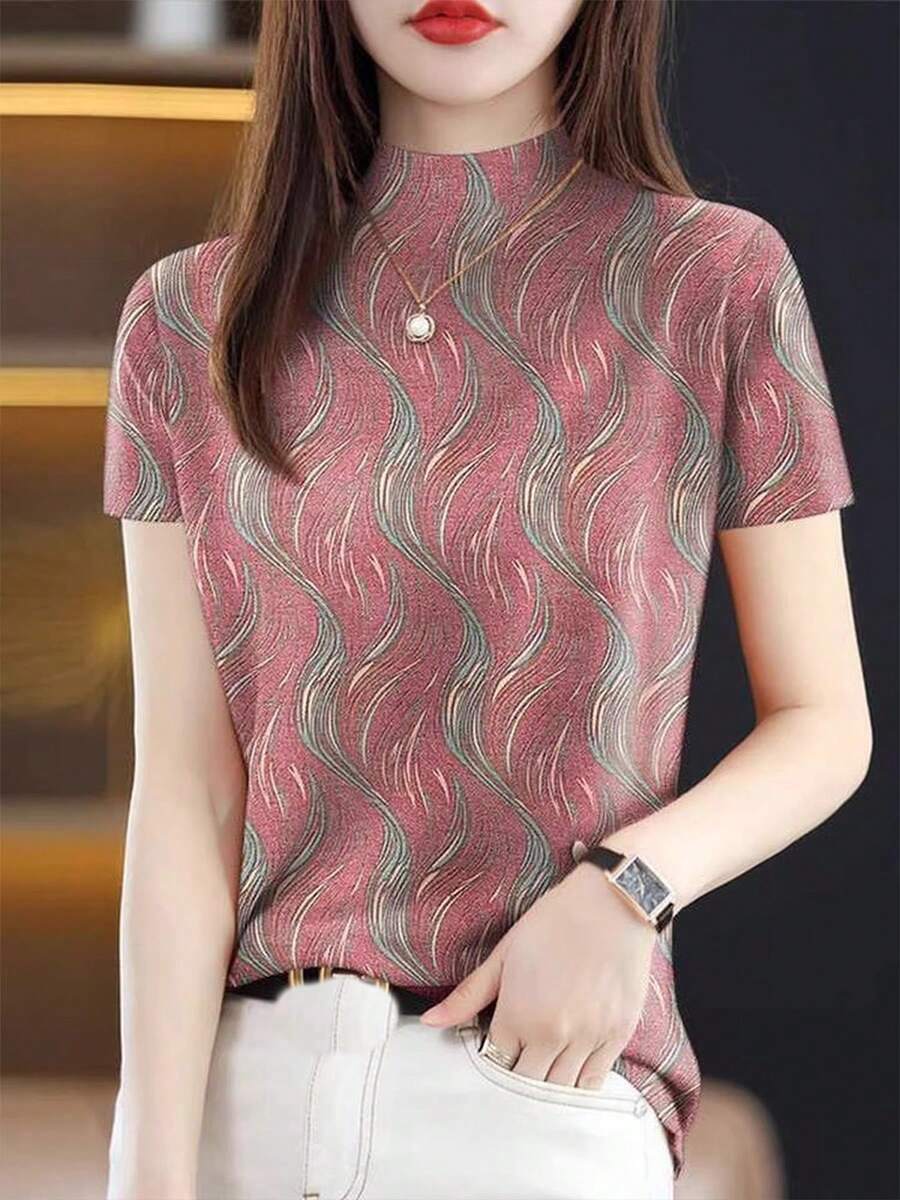 2026新款欧式女式高领短袖T恤，修身休闲上衣，时尚春秋度假夏季款 - 玫粉色 - 查看 1