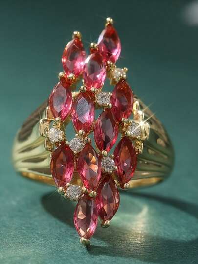 טבעת אחת של זירקוניה יוקרתית ואלגנטית משובצת טיפת מים אדומה בחיתוך זכוכית לנשים, מתאימה למסיבות, ימי הולדת, ללבישה יומיומית, יכולה להינתן כמתנה לחברים או לאוהבים