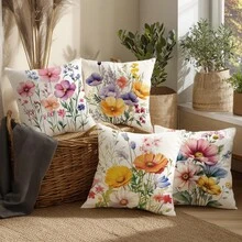 4件套简约春季花卉抱枕套，单面柔软桃皮绒面料，45*45厘米抱枕套，适合室内装饰、派对装饰、装饰枕礼品 - 彩色 - 查看 9