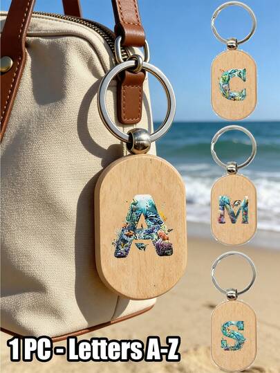 1pc Of Marine Element Letter A-Z Pattern Wooden Keychain, First Letter Wooden Pendant, Creative Small Gift That Can Be Carved, Bag Pendant, Wooden Label, Keychain, Ring, Carved Blank Wooden Board, Diy Accessories,Beach, Travel, Summer