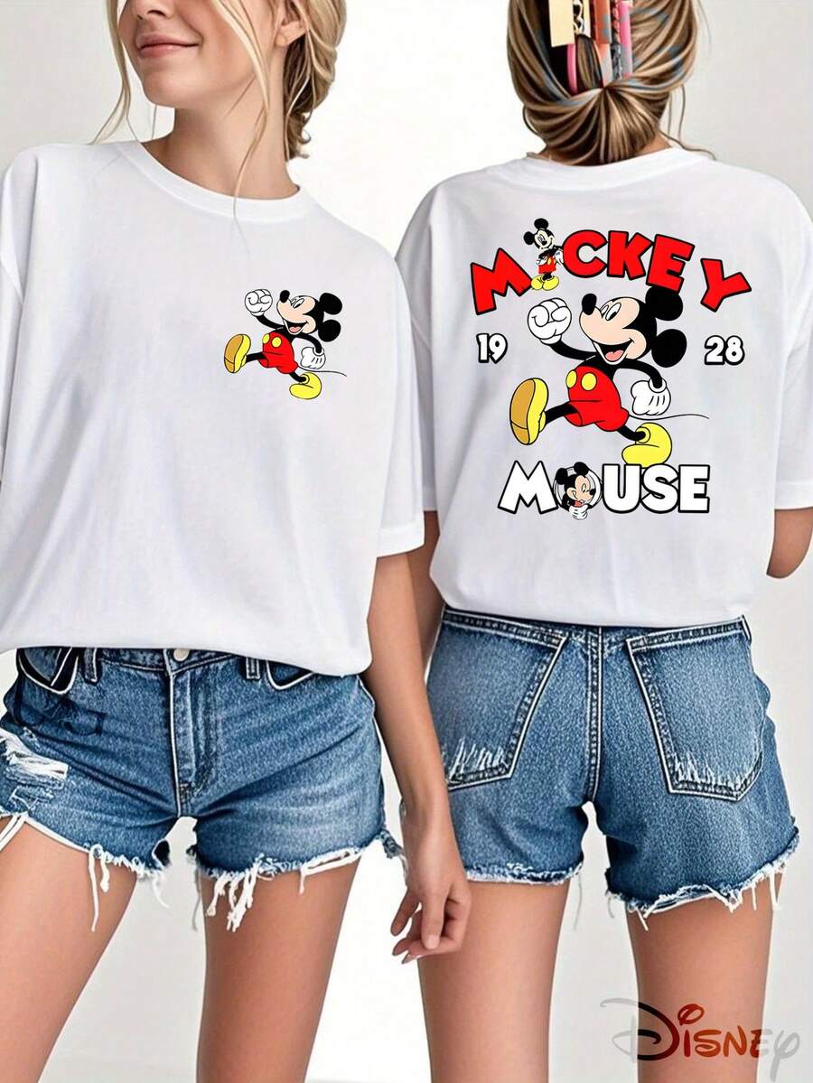 Disney Official Licensed, Mickey Mouse, 1928, Double-Sided Print, 100% Cotton, Crew Neck T-Shirt, Retro American, Streetwear, Casual Wear, Spring & Summer Top, Disney Merch, Fan Collectible - 白色 - 查看 1
