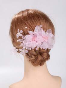 1pc Handmade Tulle Bridal Headpiece With Pearl Flower Decor, Wedding Dress Accessory Hair Clip - 89921 Pink - View 2