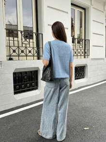 FOR BEAUTY Spring/Summer New Blue Round Neck Short Sleeve Button Knit Cardigan, Fashion Casual Minimalist, Street Style, Suitable For Commuting, Casual, Outing, Graduation Ceremony, Street Photography - Milk Blue - View 3