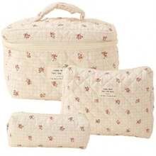 Neceser Floral De Algodón Bolsa De Maquillaje GrandeBolsa De Cosméticos Acolchada Con Asa De Gran Capacidad Bolsa Organizadora De Maquillaje De Viaje Bolsa De Almacenamiento Multifunción - Flor cuadrada - Ver 8