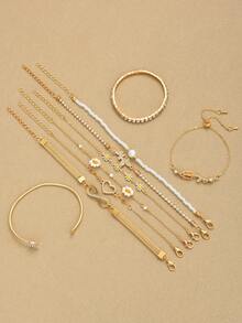 9pcs Fashionable Minimalist Elegant Heart, Flower, Daisy, Bow, Rhinestone Chain Bracelet Set, Suitable For Women, Holiday, Party, Birthday, Daily Wear - Yellow Gold - View 8