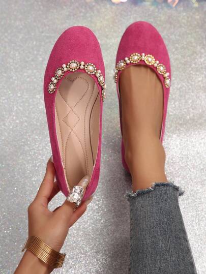 Damen Perlen & Strass Dekor Slip-On Schuhe, süßer Stil runde Zehenkappe Wildleder Schuhe in staubigem Rosa, elegante & vielseitige bequeme Pendlerschuhe für Frühling & Herbst