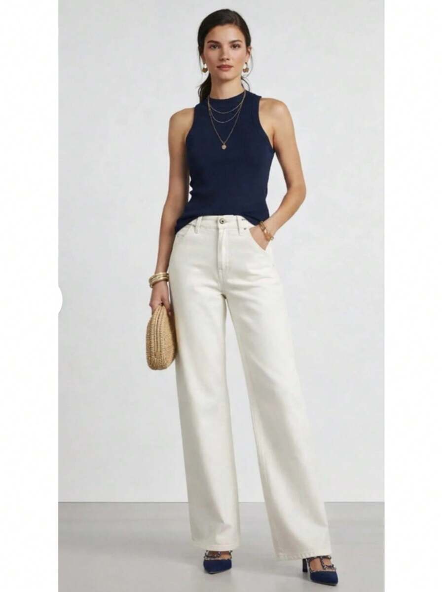 Wide Leg Off-White Twill Pants - Rượu sâm banh - Xem 1