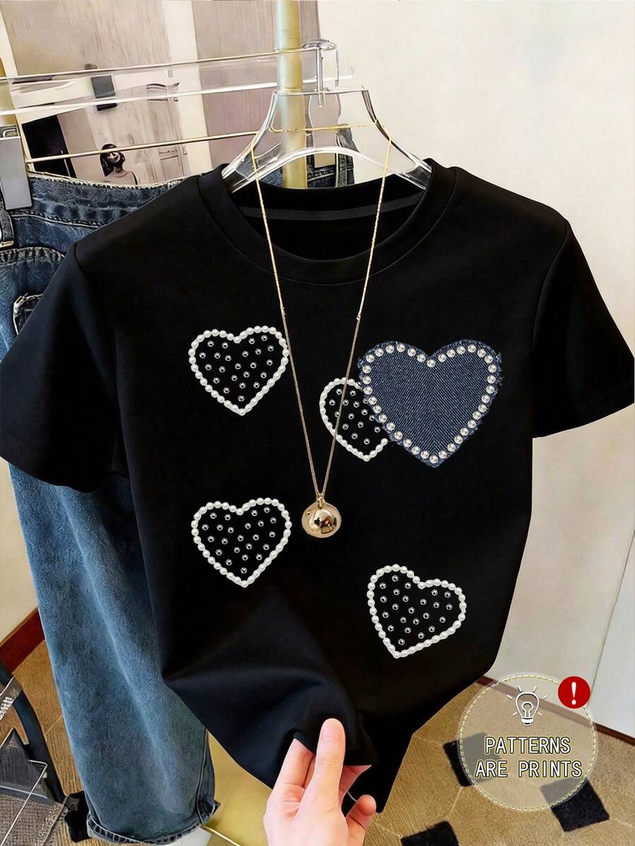 大尺碼女款心形牛仔效果寬鬆圓領T恤休閒黑色夏季 - 黑色 - 查看 1