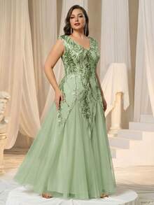 Đầm dạ hội cỡ lớn EVERPRETTY, đầm dài màu xám xanh thanh lịch với chân váy xòe, thêu và đính sequin, cổ chữ V, đầm dự tiệc cưới cho nữ, màu đen, đầm dự tiệc mùa xuân. - Màu xanh Bạc hà - Xem 2