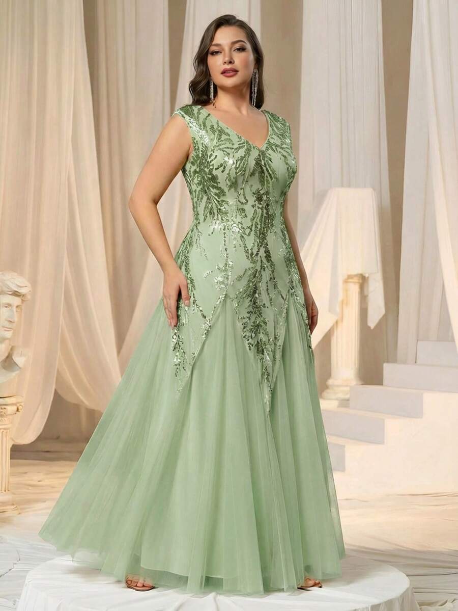 Đầm dạ hội cỡ lớn EVERPRETTY, đầm dài màu xám xanh thanh lịch với chân váy xòe, thêu và đính sequin, cổ chữ V, đầm dự tiệc cưới cho nữ, màu đen, đầm dự tiệc mùa xuân.