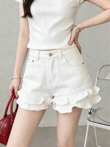 Pantalones cortos de mezclilla con dobladillo de volantes de unicolor para mujer, pantalones cortos de verano, ropa de verano para mujer, prendas inferiores de verano para mujer, conjunto casual de regreso a la escuela - Blanco - Ver 1