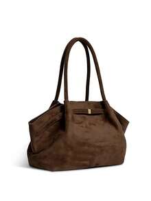 Dedoo 1pc Faux Suede Tote Bag, Large Capacity Solid Color Mature Elegant Ladies Handbag, Retro Style Work Bag, Suitable For Girls, Women, College Students, Office Workers - 棕色 - 查看 2