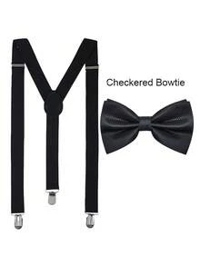 一套男士弹力背带和格子领结套装，可调节裤带和格子领结西装，适合日常穿着、婚礼、派对、宴会等场合。 - 黑色 - 查看 1