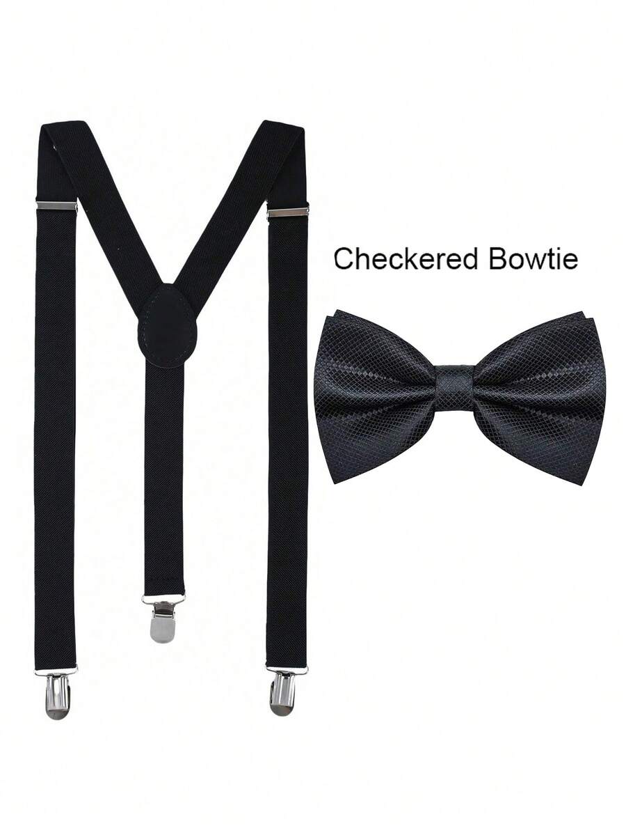 一套男士弹力背带和格子领结套装，可调节裤带和格子领结西装，适合日常穿着、婚礼、派对、宴会等场合。 - 黑色 - 查看 1