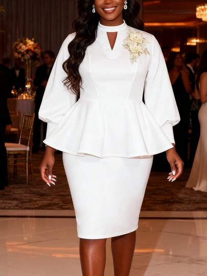 Women's Elegant White 2 Pieces Set, Including High Neck Hollow Out Ruffle Blouse And Mid-Length Fitted Skirt, Suitable For Wedding Guests And Formal Occasions