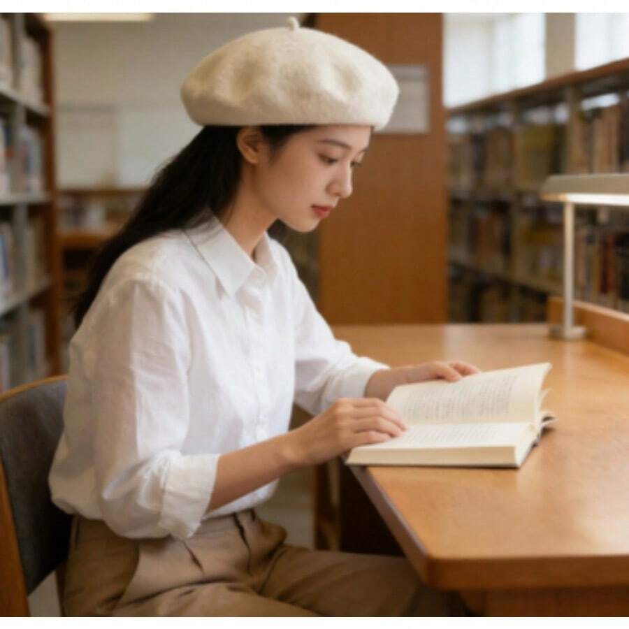 Cute French Chic Headwear, 1pc Ladies' Solid Color Knit Elegant Beret With Smooth Surface, Japanese Style, Suitable For Daily Wear And Shopping Vintage Casual - 米色 - 查看 1