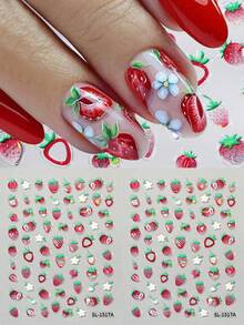 2pcs 3D Embossed Laser Strawberry Scented Nail Stickers, Self-Adhesive Strawberry Pattern Nail Art Decals, Suitable For Women And Girls In Spring/Summer - Multicolor - View 1