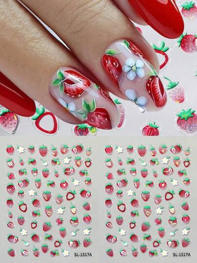 2pcs 3D Embossed Laser Strawberry Scented Nail Stickers, Self-Adhesive Strawberry Pattern Nail Art Decals, Suitable For Women And Girls In Spring/Summer