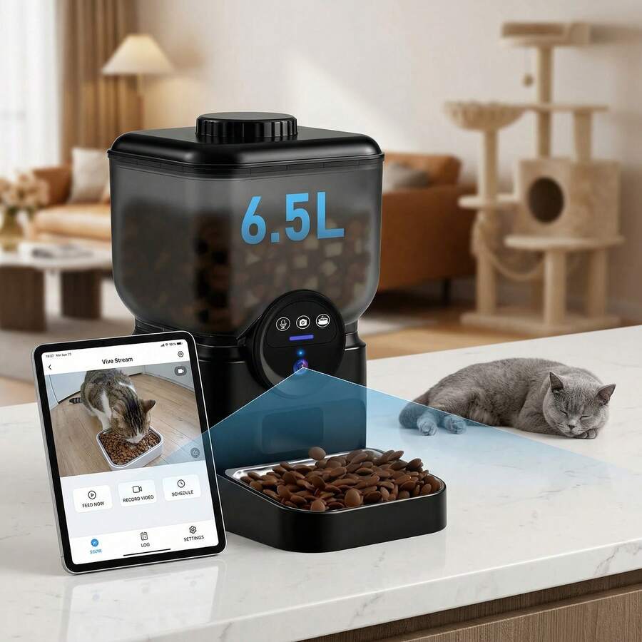 Comedero inteligente para mascotas de 6.5L, comedero automático para gatos con cámara HD, audio bidireccional, visión nocturna, para comida seca con control de porciones programable, doble fuente de alimentación, fácil de limpiar - 6,5 litros - Ver 1